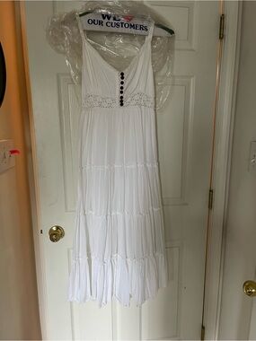 White Boho Tiered Maxi Dress with Crochet Waist